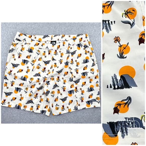 North Face Class V Swim Shorts Mens 2XL Vtg Cream Valley Sun Print AOP Pull On - Picture 1 of 13